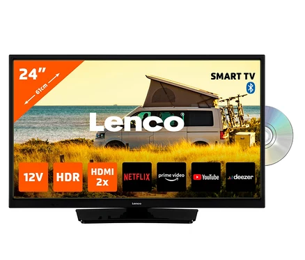Ein schwarzer Lenco 24-Zoll-HD-LED-Fernseher mit DVD-Player zeigt einen Strand mit einem Lieferwagen auf dem Bildschirm.