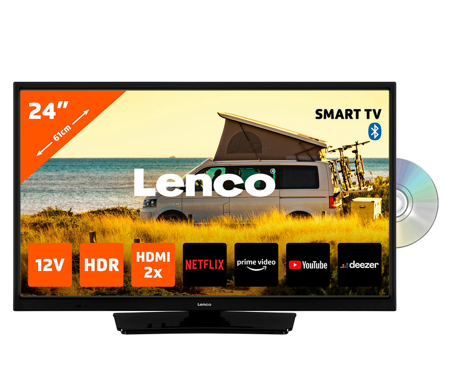 Ein schwarzer Lenco 24-Zoll-HD-LED-Fernseher mit DVD-Player zeigt einen Strand mit einem Lieferwagen auf dem Bildschirm.