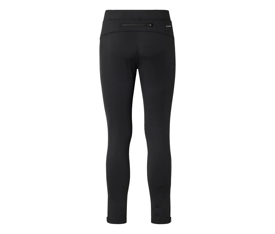 Schwarze Leggings von hinten gesehen, mit einer Reißverschlusstasche am Bund, einem kleinen weißen Logo und reflektierenden Punkten am unteren rechten Bein.