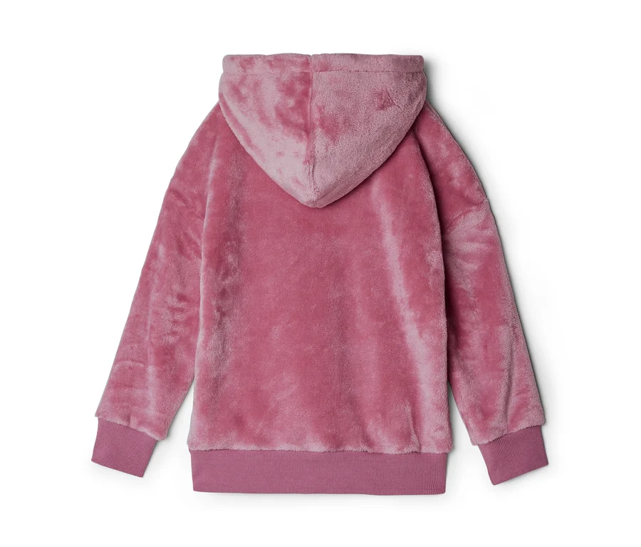 Rückansicht eines flauschigen, rosafarbenen Hoodies mit Kapuze, langen Ärmeln und gerippten Bündchen und Saum.