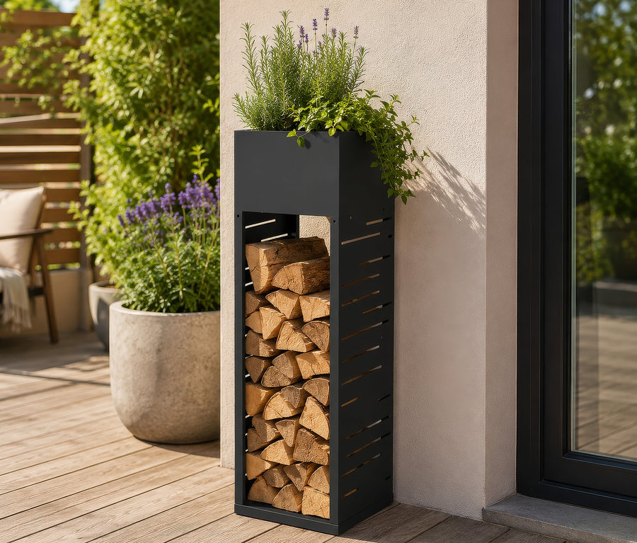 Ein schwarzes Metall-Holzregal mit gestapeltem Brennholz, obenauf ein Pflanzgefäß mit Grünpflanzen und Lavendel, steht auf einer Holzterrasse neben einer hellen Wand und einer Glastür.