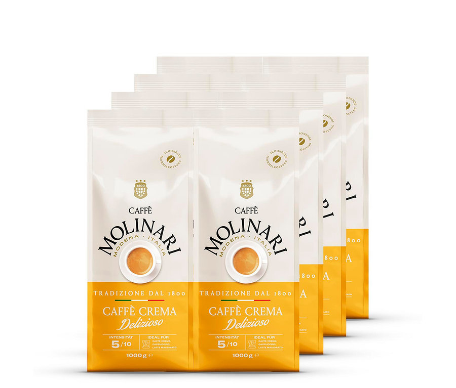 Vier Packungen Caffè Molinari Caffè Crema Delizioso - 8x 1 kg Ganze Bohne.