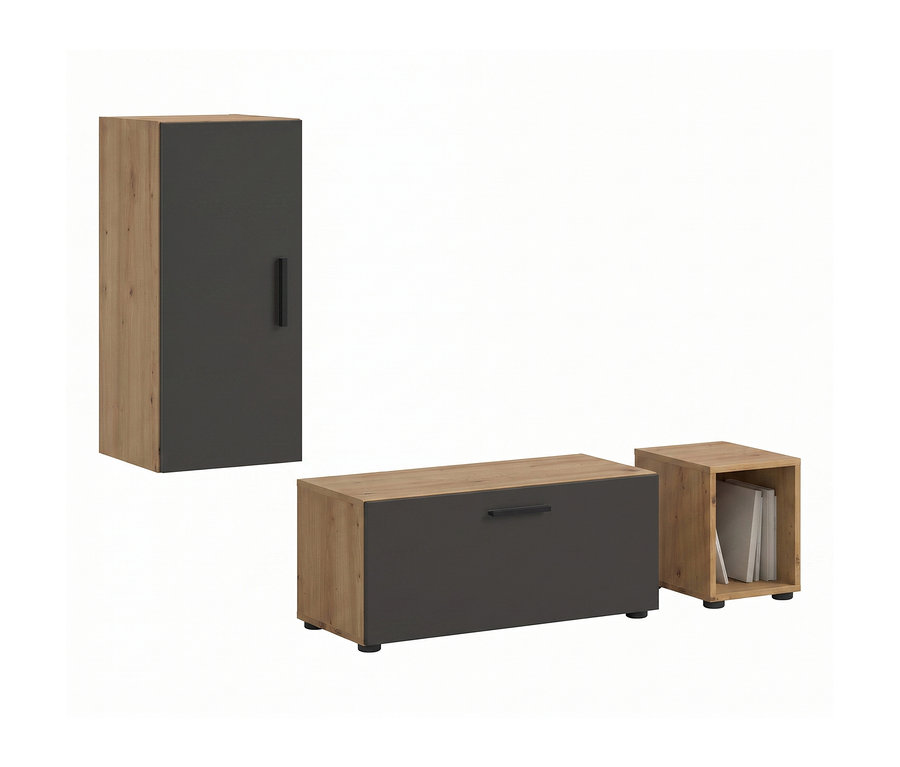 Graue xonox Wohnwand »The One« bestehend aus drei Möbelstücken in Holzoptik und Dunkelgrau. Ein Hochschrank mit dunkelgrauer Tür und schwarzem Griff, ein Lowboard mit dunkelgrauer Schubladenfront und schwarzem Griff, sowie ein offenes Regal mit weißen Büchern.