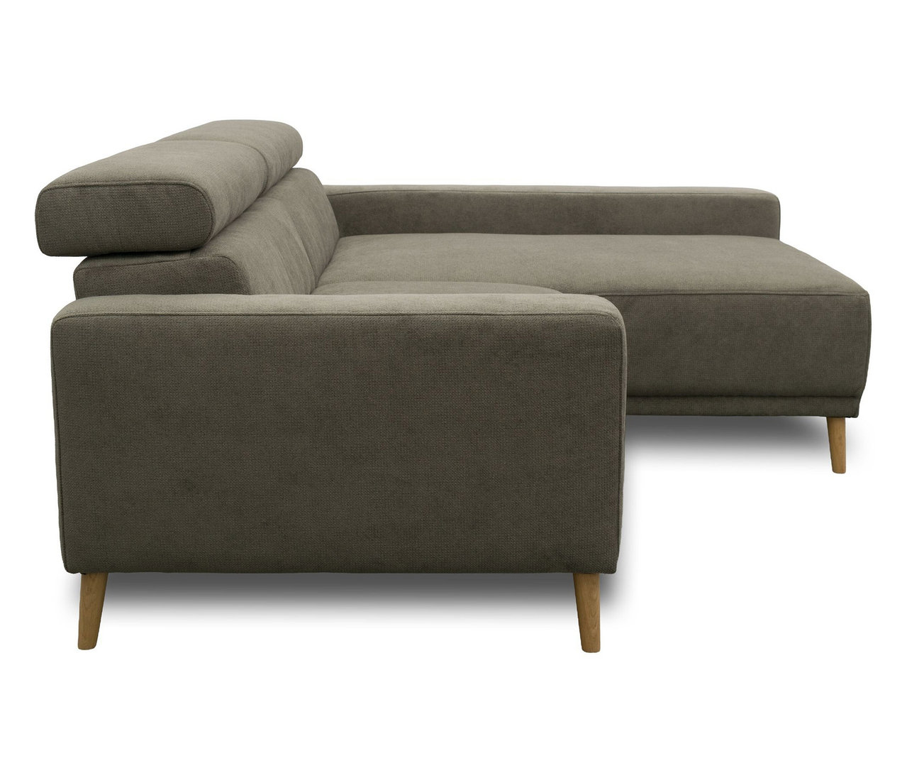 DOMO Sofa Malmö, grau, mit Longchair rechts, Kopfteilverstellung und Holzfüßen.