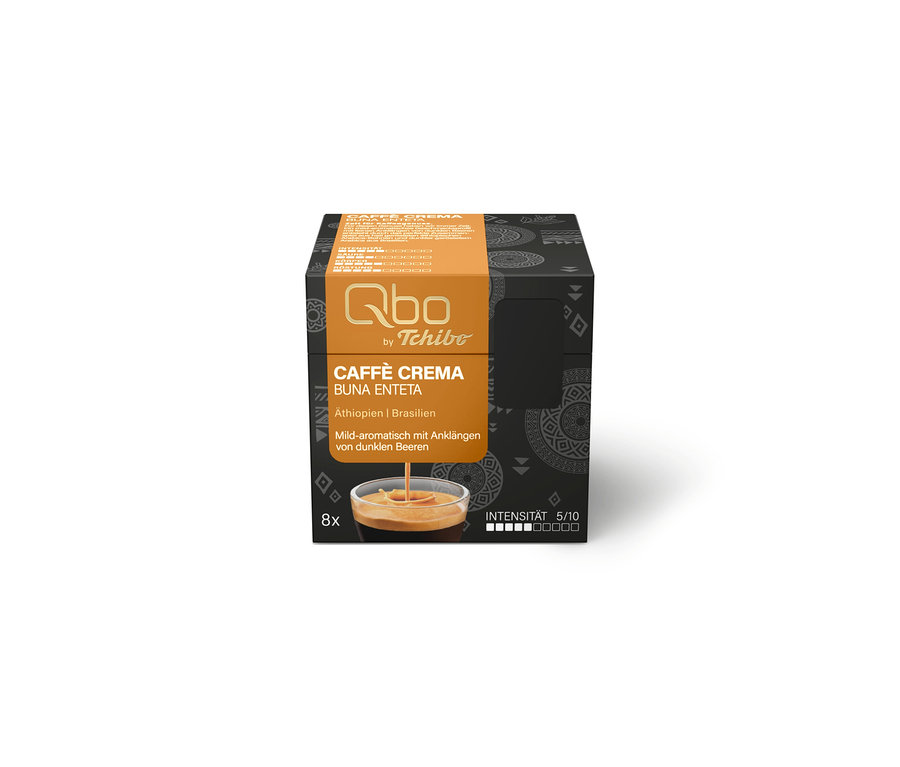 Schwarze und orangefarbene Qbo by Tchibo Caffè Crema Buna Enteta Kaffeekapselpackung mit 8 Kapseln, Intensität 5/10, Äthiopien und Brasilien, mild-aromatisch mit dunklen Beeren.