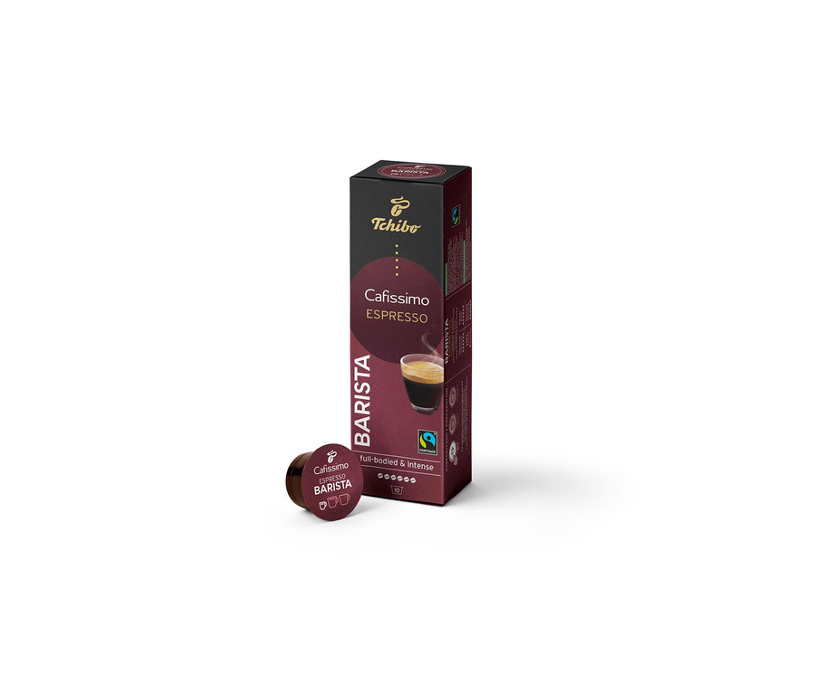 Eine Packung Cafissimo BARISTA Espresso - 10 Kapseln und eine einzelne Cafissimo BARISTA Espresso Kapsel.