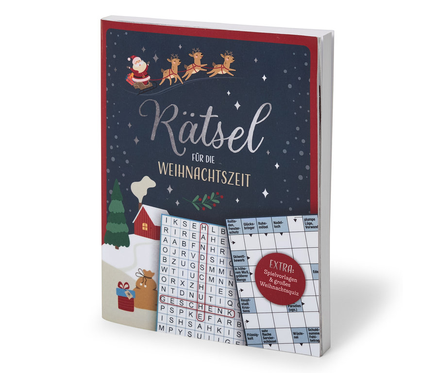 Ein Buch mit Weihnachtsmotiven, auf dem Cover ist der Weihnachtsmann mit Rentieren und ein Kreuzworträtsel.