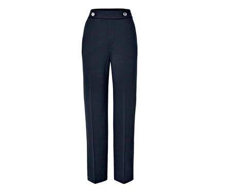 Blaue, hoch taillierte Hose mit Knöpfen.