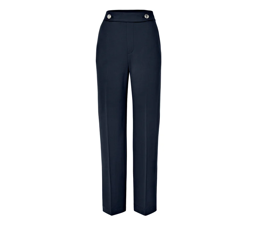Blaue, hoch taillierte Hose mit Knöpfen.