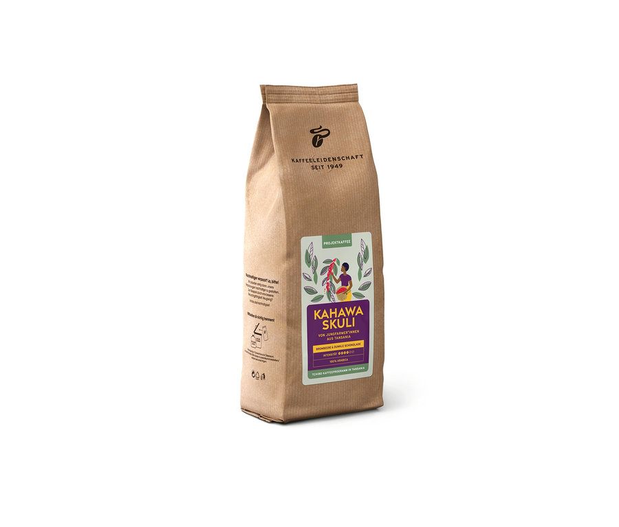 Eine 500g-Packung Projektkaffee Kahawa Skuli - Ganze Bohne.