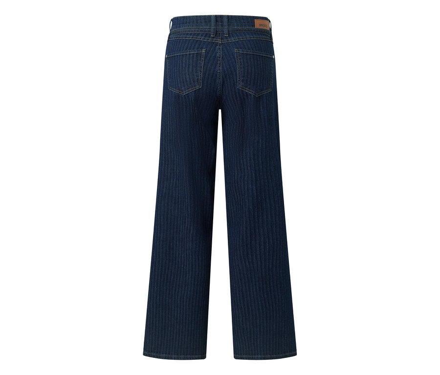 Dunkelblaue Jeans mit weitem Bein und feinen vertikalen Streifen, Rückseite mit Gesäßtaschen und Bund.