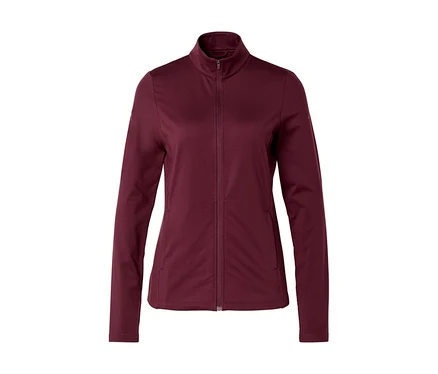 Burgunderrote Jacke mit durchgehendem Reißverschluss und Stehkragen.