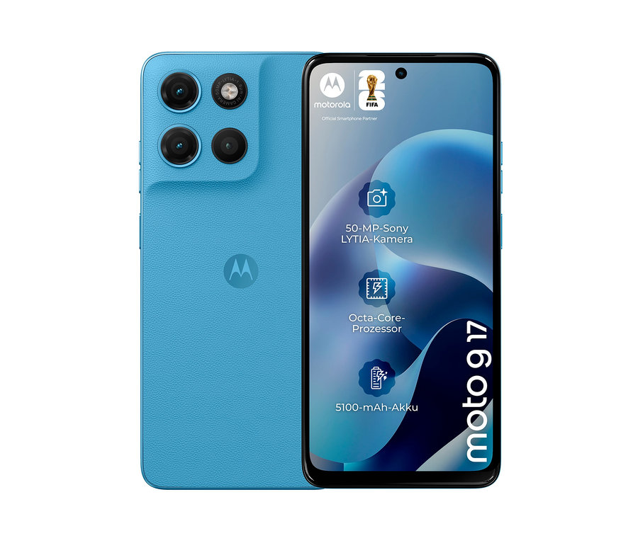 Das blaue Motorola moto g17 LTE 128GB Alaskan blue ist von vorne und hinten zu sehen.