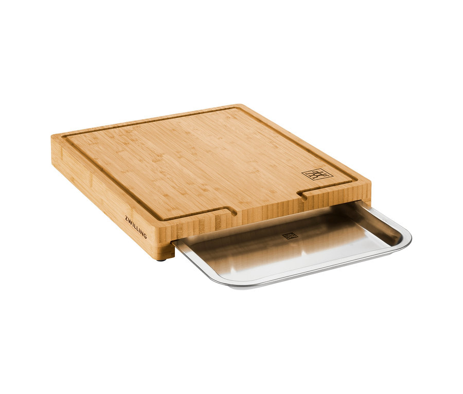ZWILLING Schneidebrett aus Holz mit herausziehbarer Auffangschale aus Edelstahl.