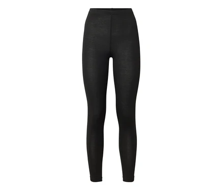 Lange, hoch geschnittene schwarze Leggings aus Feinstrickstoff.