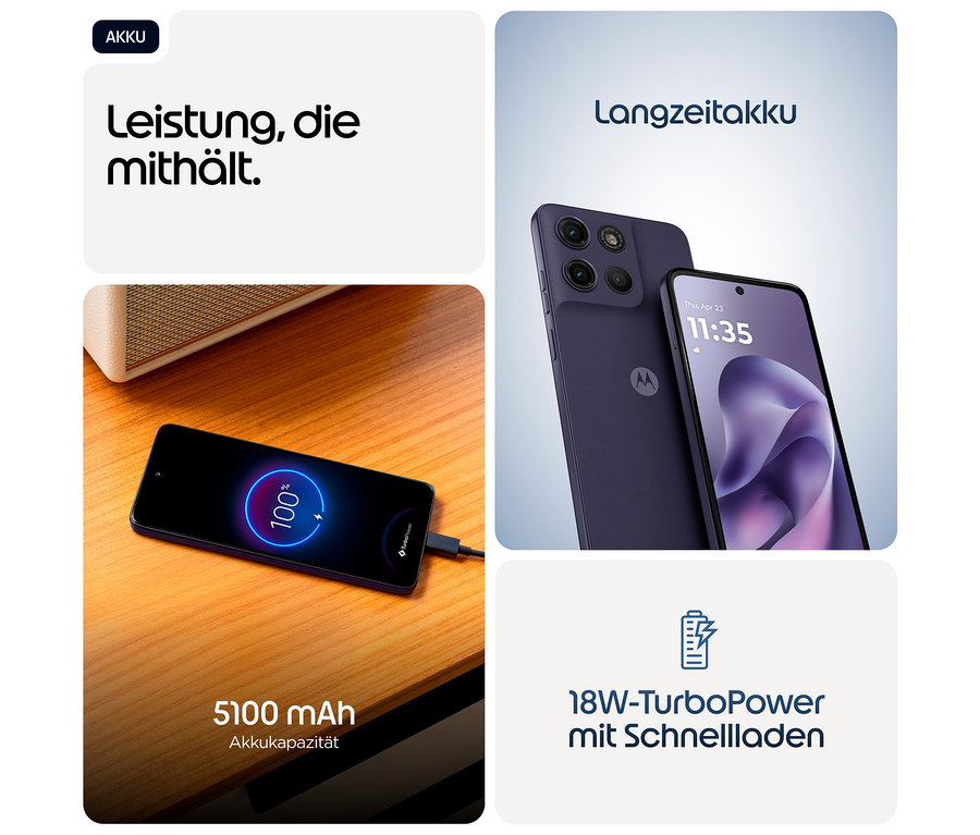 Das Motorola moto g17 LTE 128GB in Evening Blue wird geladen. Der Akkustand beträgt 100%.