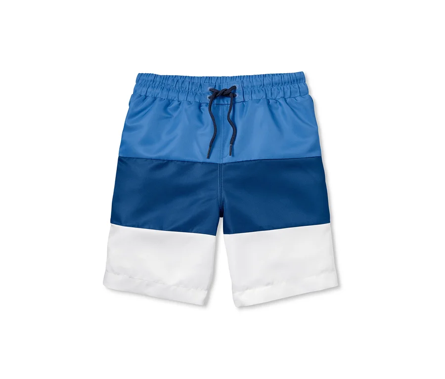 Boardshorts mit blauen und weißen Farbblöcken.