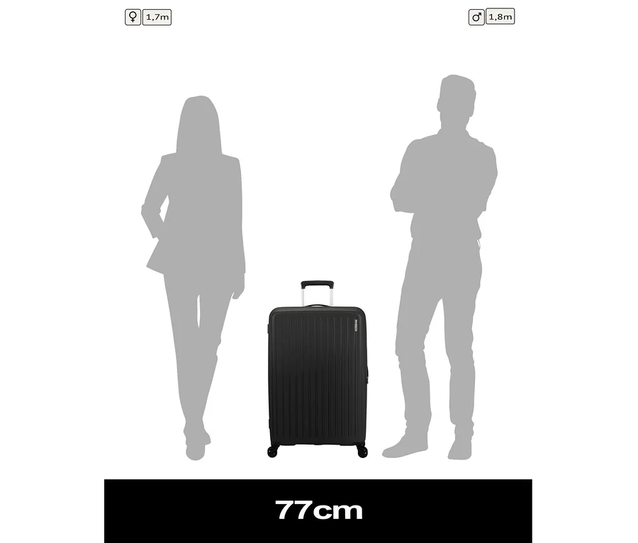 Ein großer, true black American Tourister »Rejoy Spinner« Koffer, 77 cm hoch, steht zwischen der Silhouette einer 1,7 m großen Frau und der Silhouette eines 1,8 m großen Mannes.