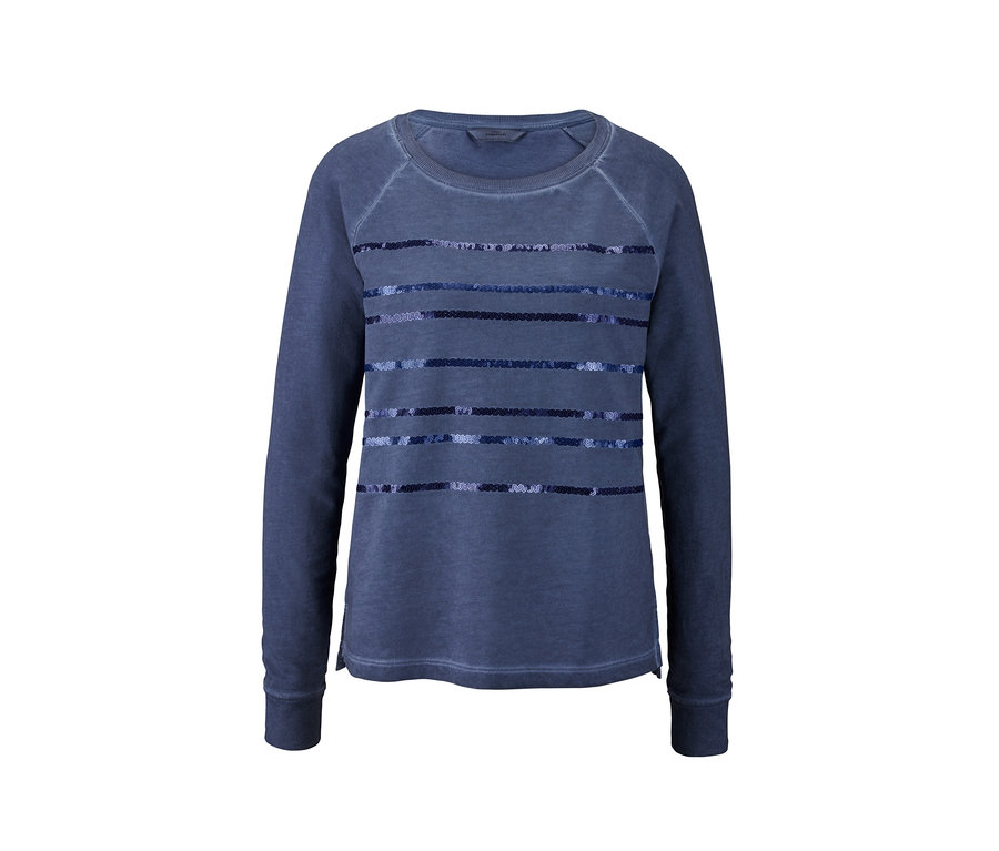 Blaues Sweatshirt mit langen Ärmeln und Streifen aus Pailletten.