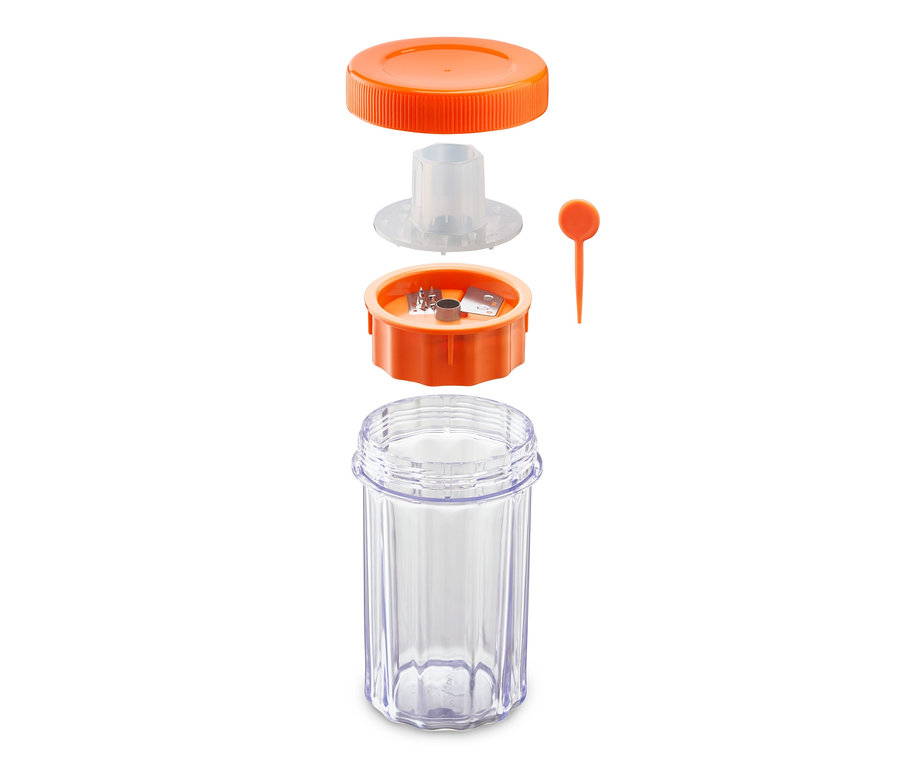 Ein zerlegter Gemüsespiralizer mit To-go-Behälter.