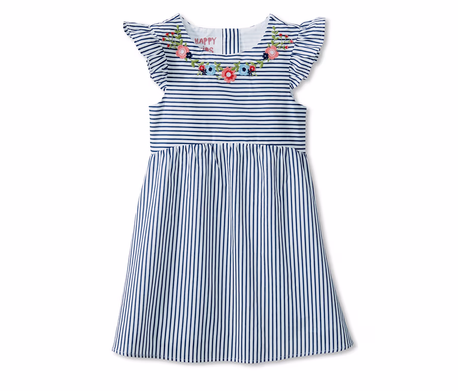 Blau-weiß gestreiftes Kleid mit Stickerei.