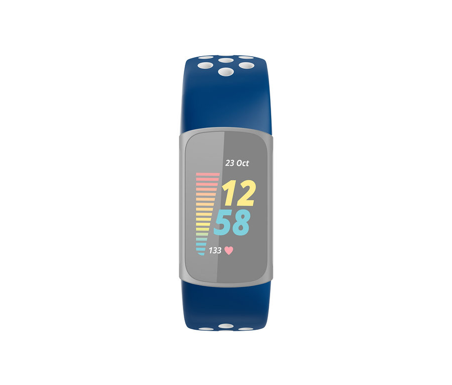 Blauer Fitness-Tracker mit Display, das die Uhrzeit 12:58 und das Datum 23. Oktober anzeigt. Das Produkt ist ein Fitbit Aktivitäts-Tracker »Charge 5« in Blau, inklusive Zusatzarmband.