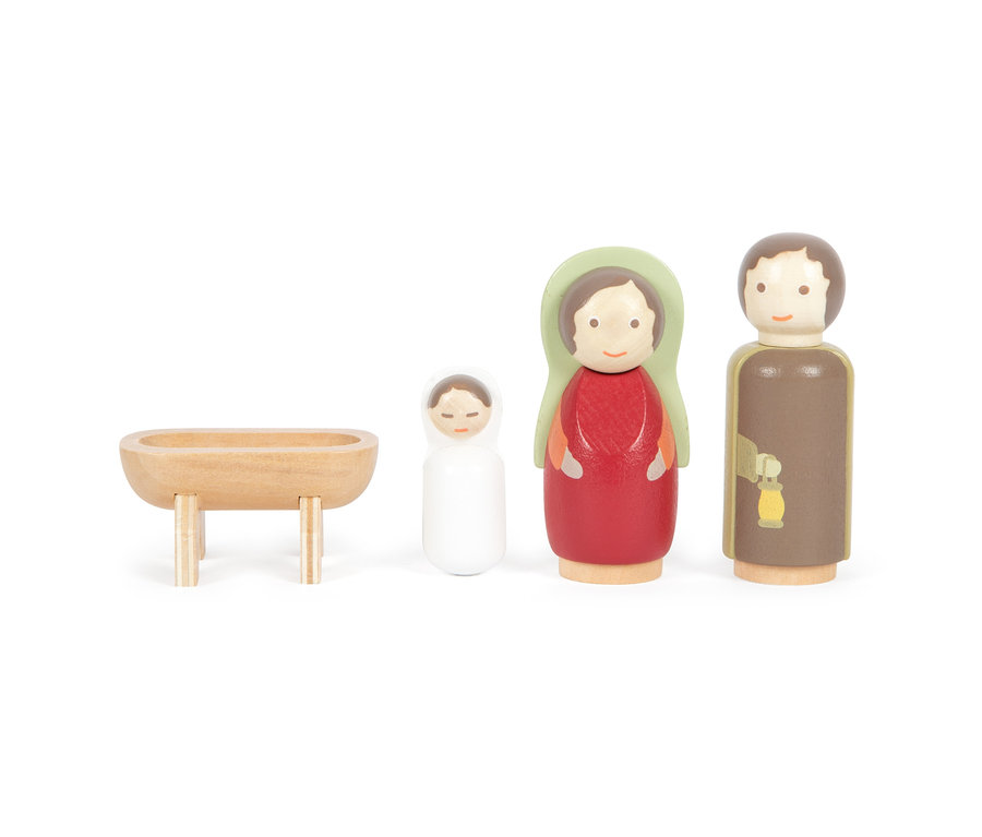 small foot Spiel-Set »Weihnachtskrippe« aus Holz mit Krippe und vier Figuren auf weißem Hintergrund.