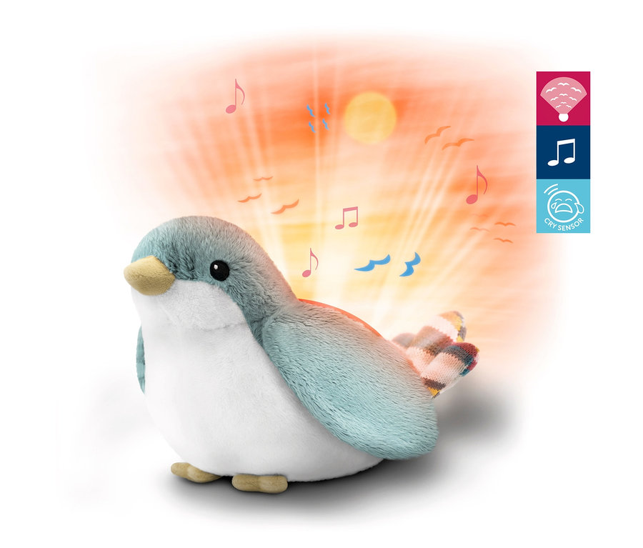 Der Zazu Projektor »Shally der Spatz« projiziert Musiknoten und Vögel.