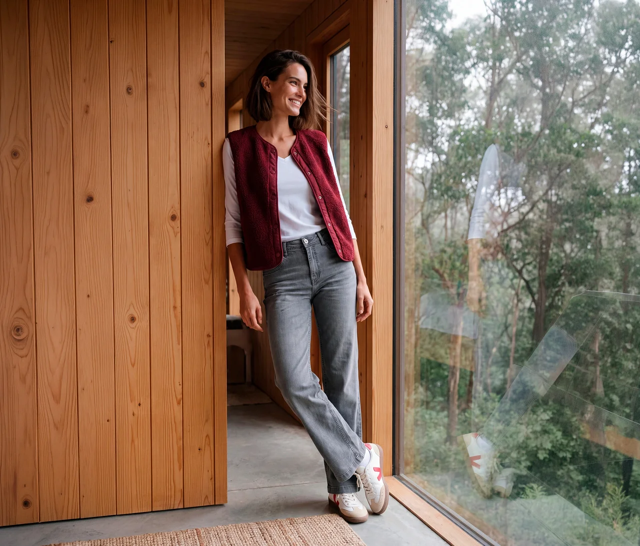 Eine lächelnde Frau in einer roten Weste, einem weißen Langarmshirt und einer grauen CECIL Jeans lehnt an einer Holzwand neben einem großen Fenster mit Waldblick.