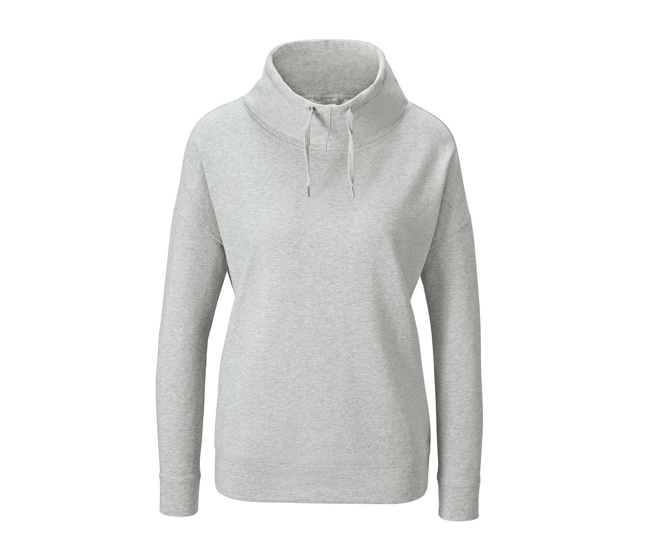 Ein grauer Sweatpullover mit hohem Kragen.