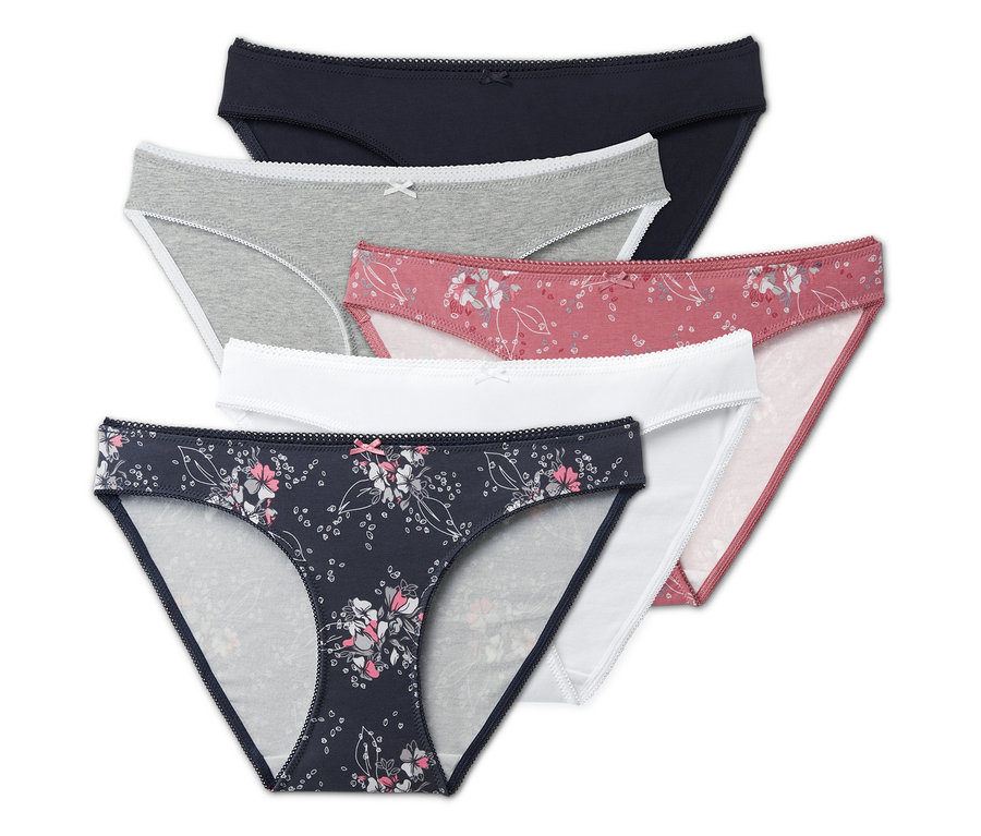 Fünf Slips in verschiedenen Farben und Mustern.