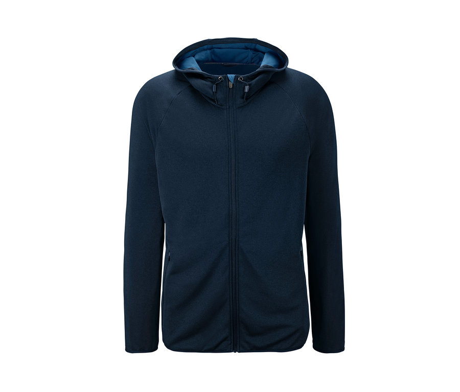 Dunkelblaue Sportjacke mit Kapuze und Reißverschluss in der Mitte.