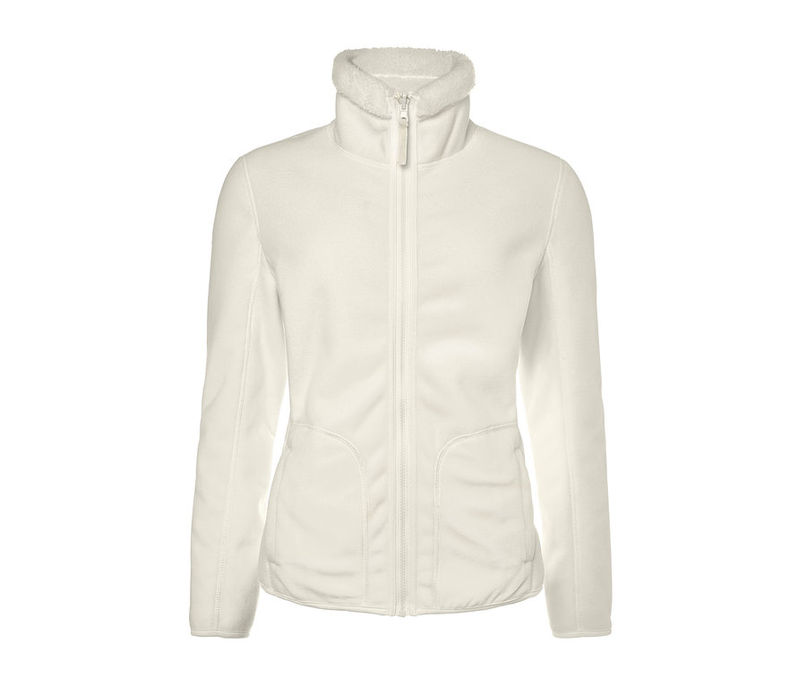 Eine beige Wende-Microfleece-Teddyjacke mit Reißverschluss.