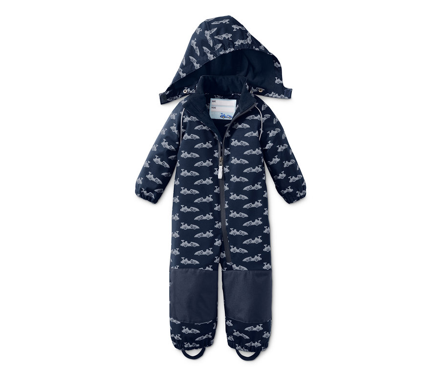 Marineblauer Softshell-Overall mit Kapuze und Rennwagenmuster.