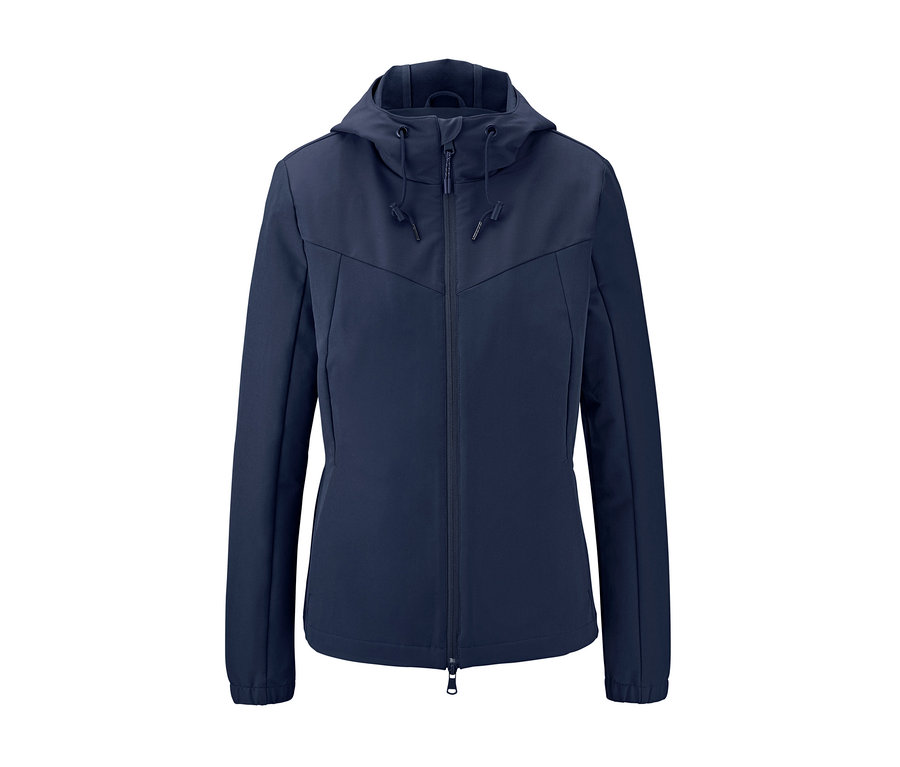 Marineblaue 3-in-1-Softshelljacke mit Reißverschluss und Kapuze.