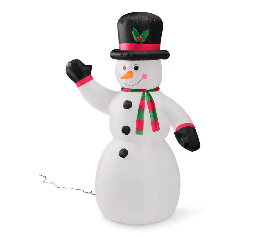 Aufblasbarer XXL-LED-Schneemann mit schwarzem Hut, Schal und Karottennase.