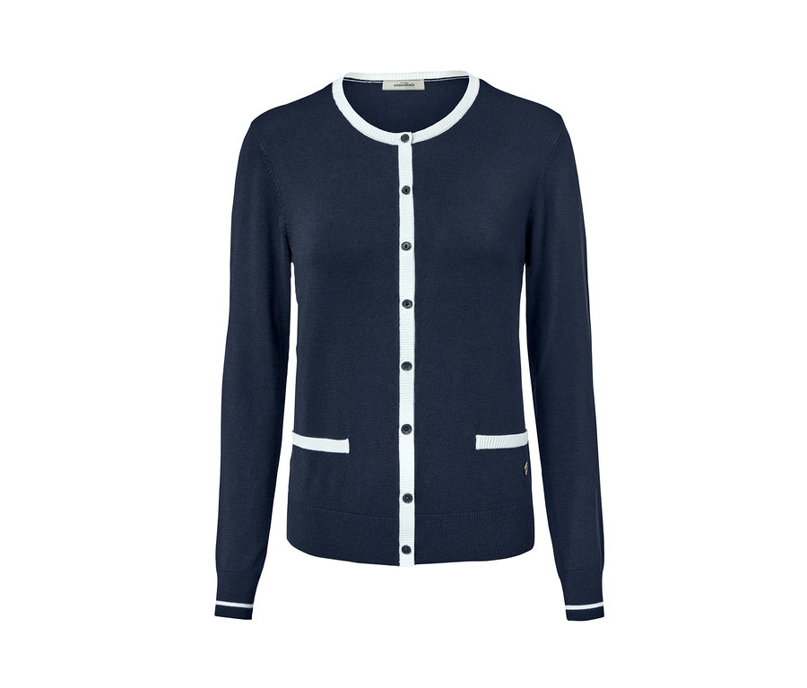 Marineblaue Feinstrickjacke mit weißer Paspelierung.