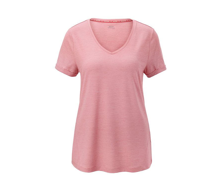 Rosa Sportshirt mit kurzen Ärmeln und V-Ausschnitt.