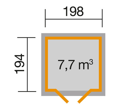 Abmessungen Gartenhaus mit Flachdach: 194 x 198 cm, 7,7 m3.
