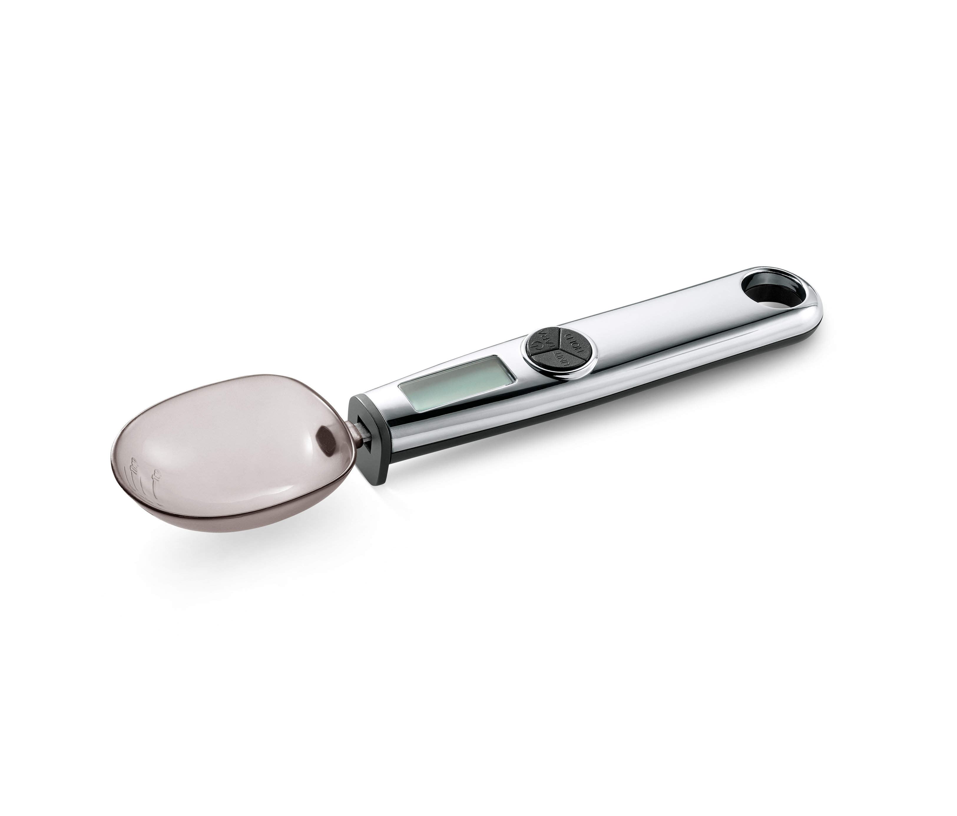 Eine digitale Löffelwaage auf weißem Hintergrund.