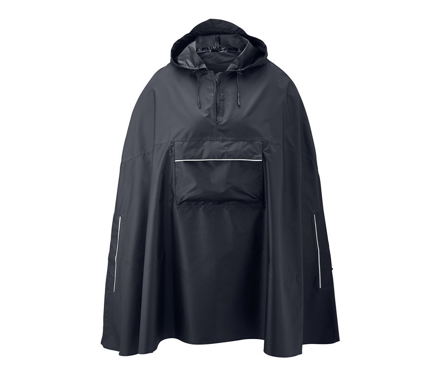 Ein schwarzer Unisex-Regenponcho mit Kapuze und Tasche.