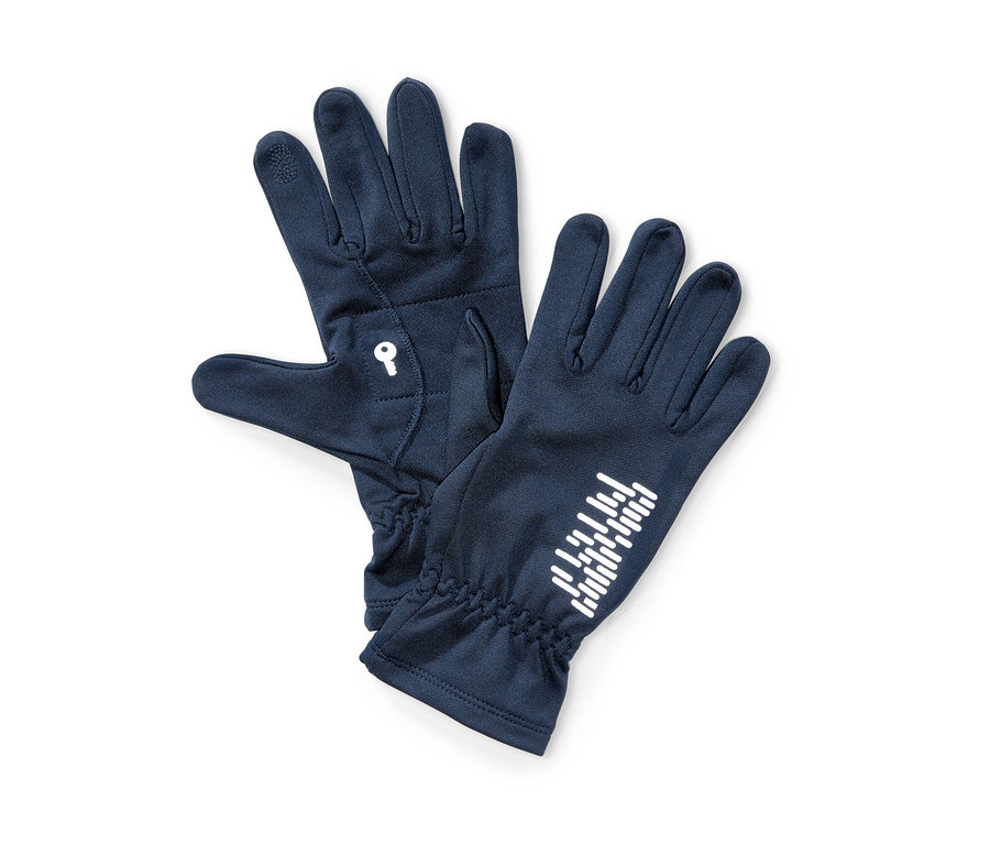 Zwei marineblaue Laufhandschuhe mit weißem Logo.