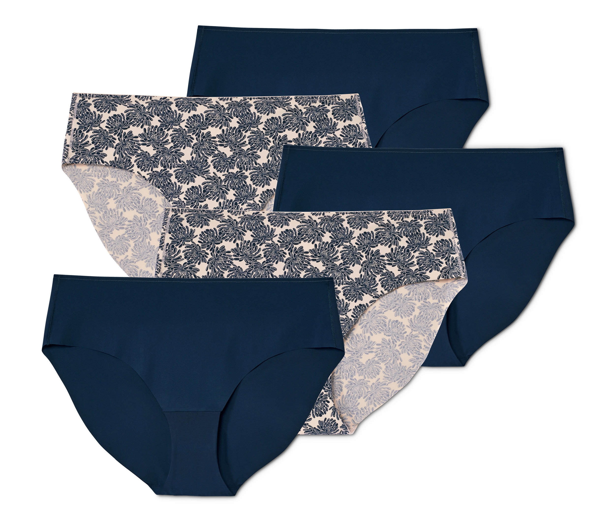 Fünf Magic-Cut-Slips in Blau und mit Muster.