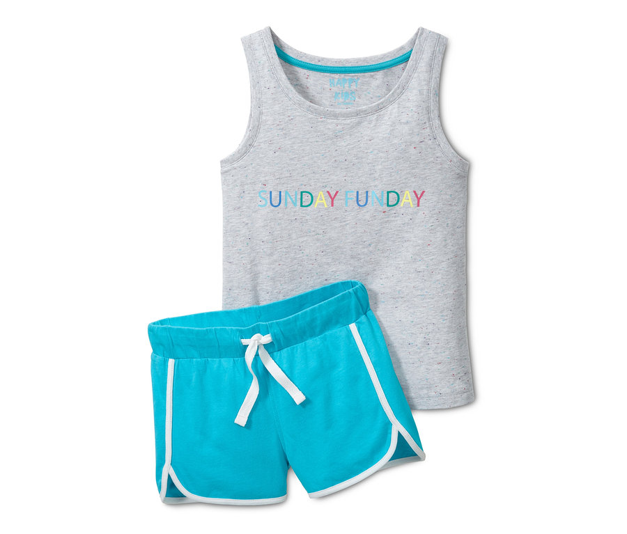 Grauer Shorty-Pyjama mit Sunday Funday Aufschrift und türkise Shorts.