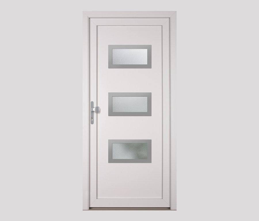 Weiße KM Meeth Kunststoff-Haustür »K368D«, DIN links, mit drei rechteckigen, vertikal angeordneten Fenstern.