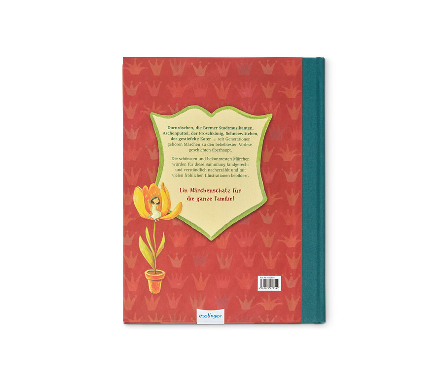 Roter Buchdeckel mit Kronen und gelber Blume. Buch »Mein großer Märchenschatz«.