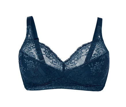 Detailansicht eines blauen Soft-BHs mit Spitze.