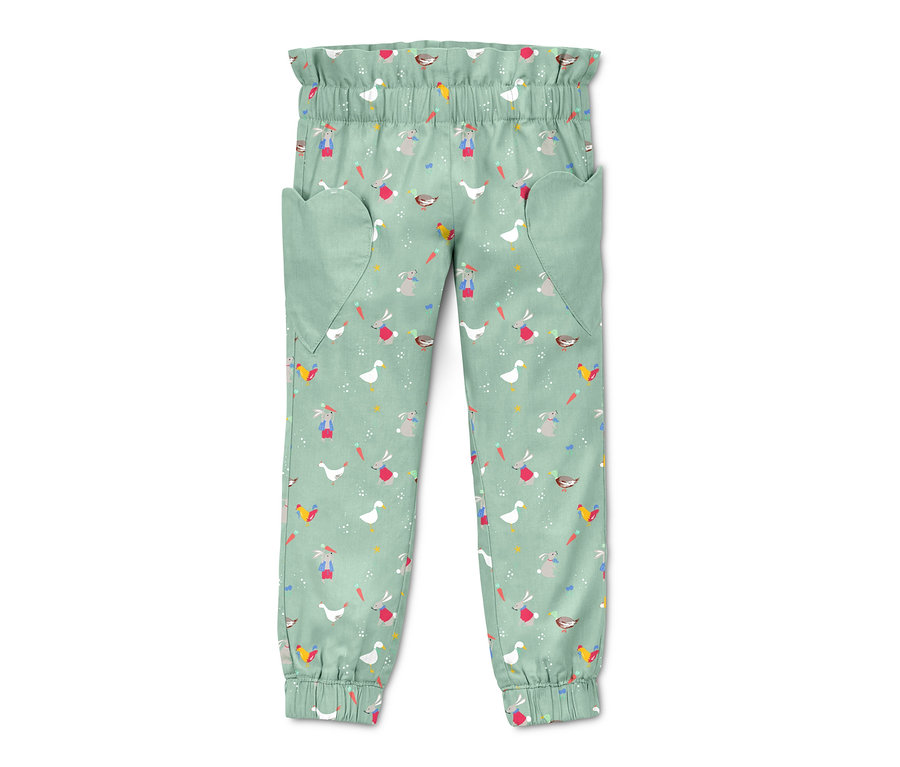Grüne Schlupfhose aus Bio-Baumwolle mit Hasen-, Enten-, Hühner- und Karottenmuster.