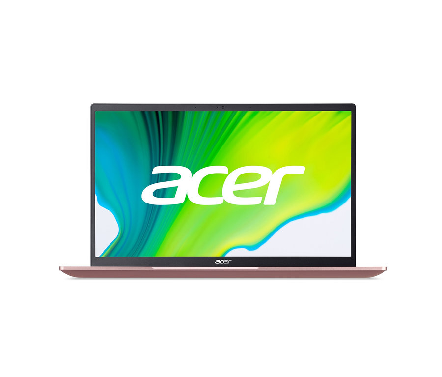 Nahaufnahme eines geöffneten, pinkfarbenen Acer Swift 1 Notebooks mit dem Acer-Logo auf dem Bildschirm.