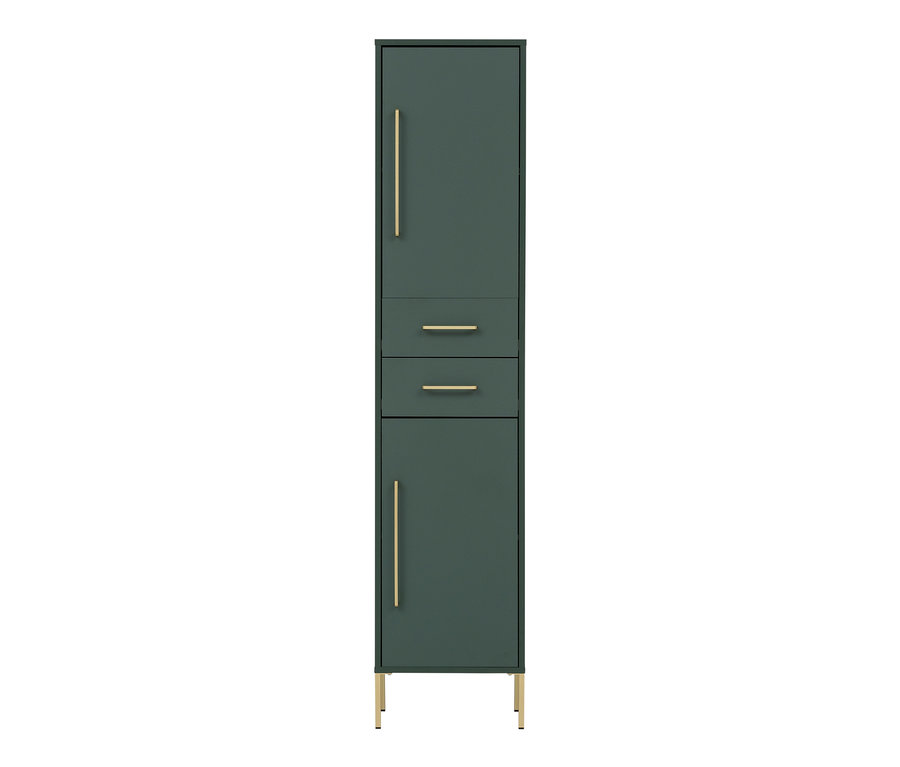 Ein dunkelgrüner Hochschrank mit goldenen Griffen und Füßen.